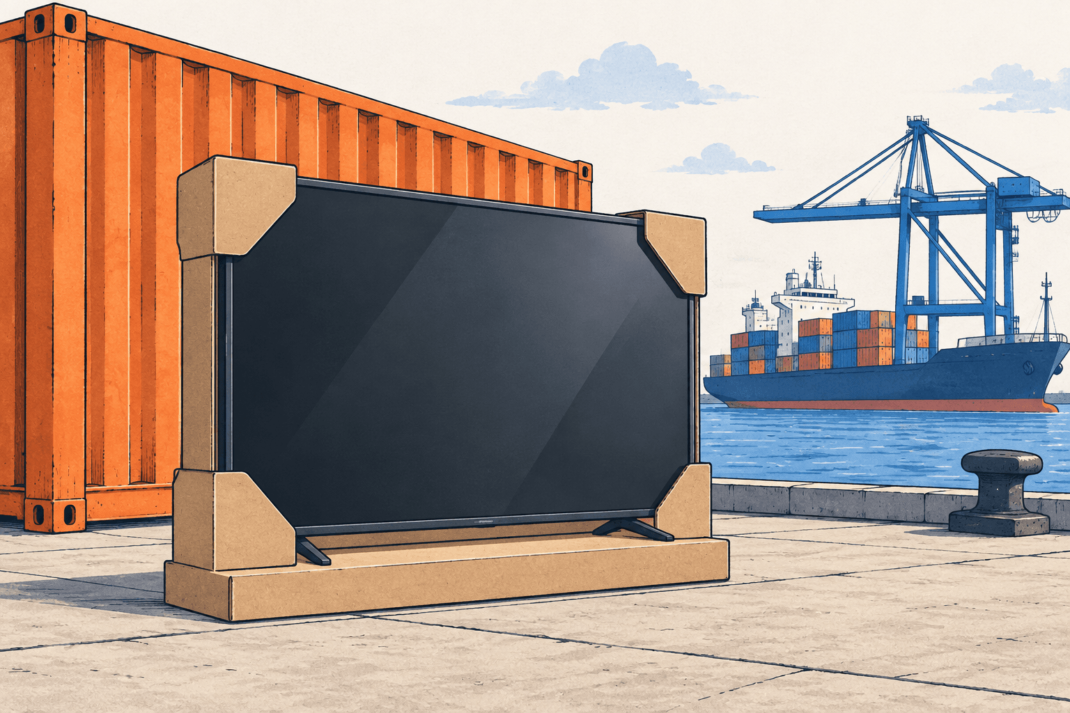 TV with cardboard corner protection at a container dock