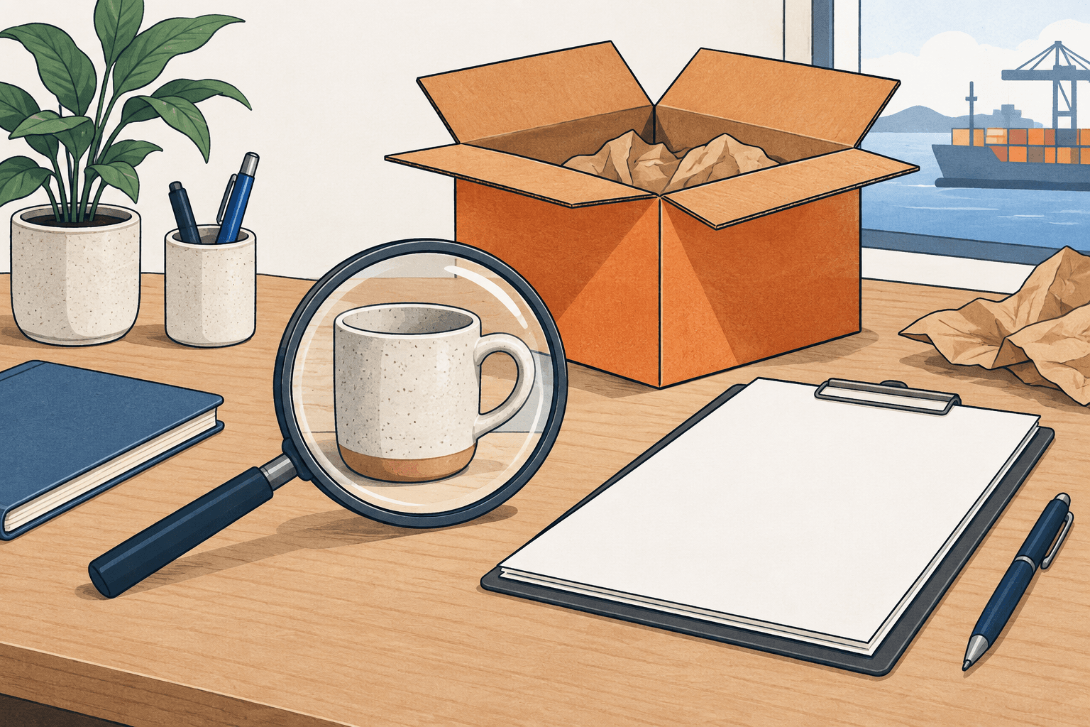 Magnifying glass examining a product sample and blank papers beside an open carton