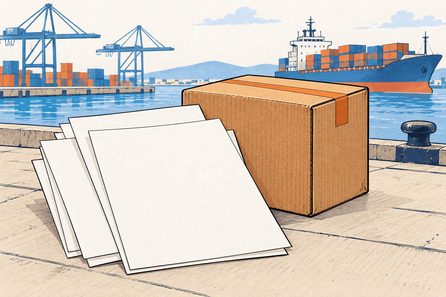 Offset blank shipping papers stacked beside one goods carton on a dock