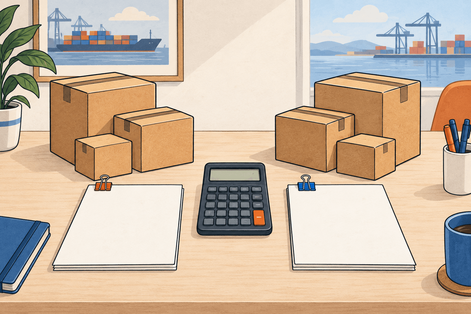 Two groups of shipping boxes and blank supplier offers with a calculator between them