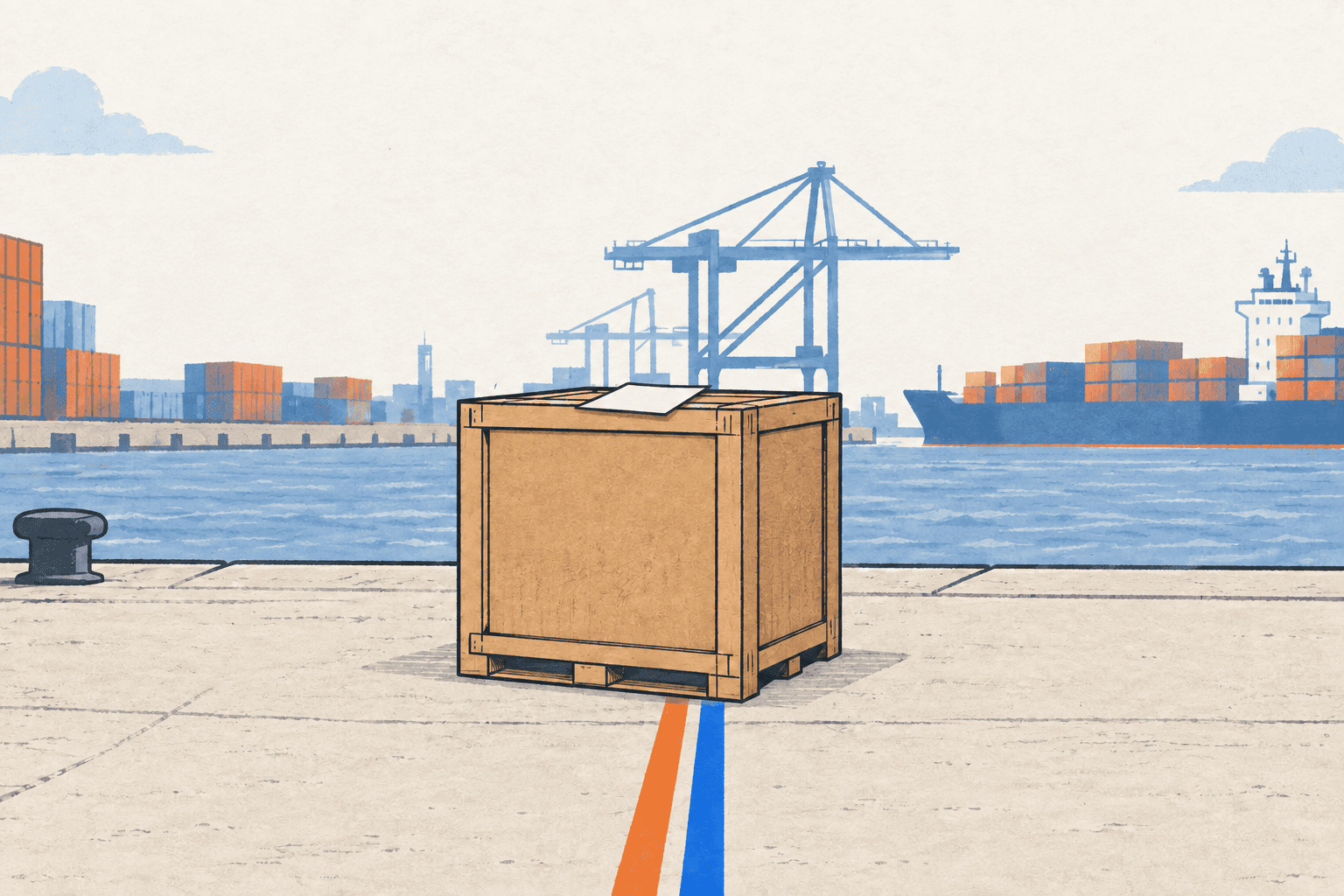 Shipping crate with a blank invoice and colored handoff lines on a dock