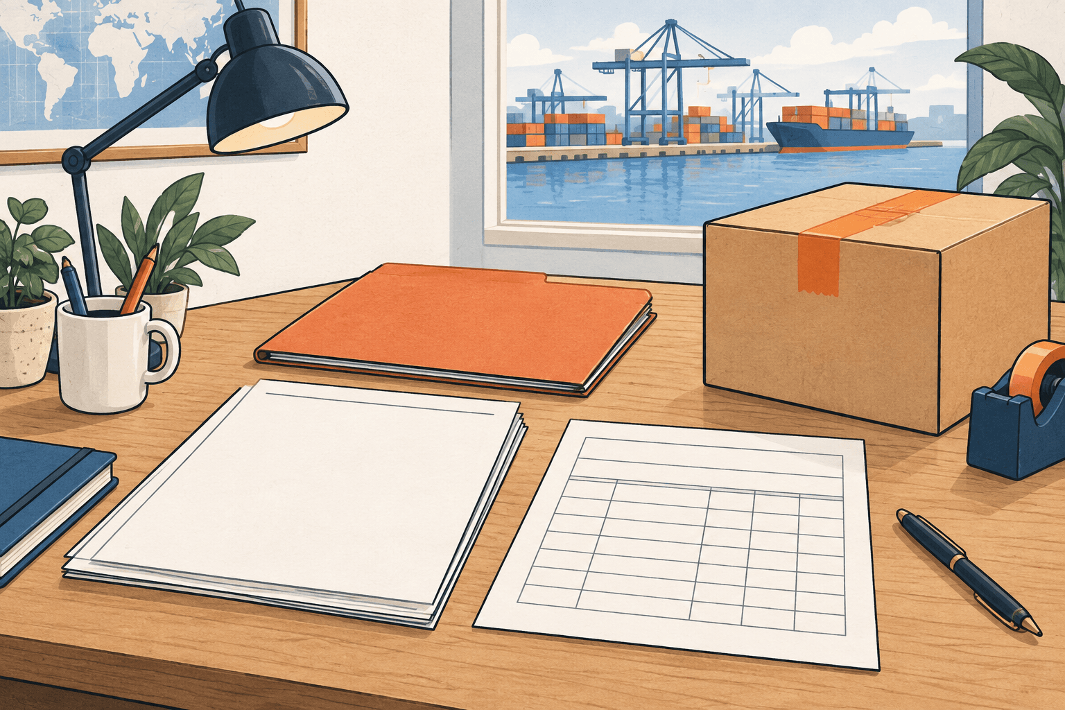 Import documents and a delivered shipment at a customs desk